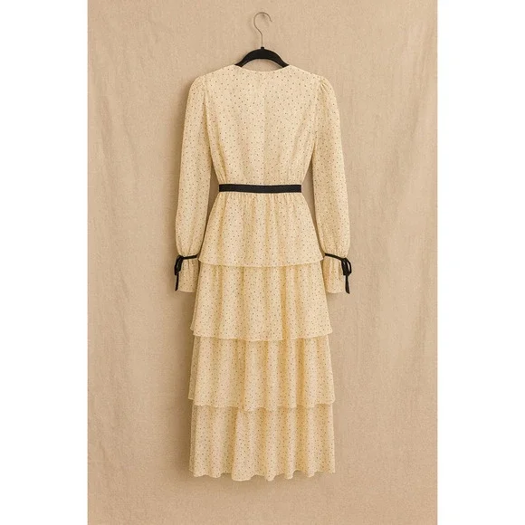 Just Me S Tiered  Dress Cream Holiday Party Cottagecore Vintage Wedding Guest - Picture 2 of 10